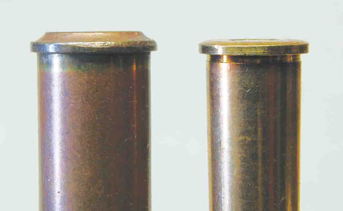 The first German target cartridges (left) used the A-base case. The 8.15x46R (right) used a normal rimmed case.